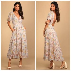 NWOT Lulu’s Flourishing Feelings Pink Floral Print Puff Sleeve Midi Dress
